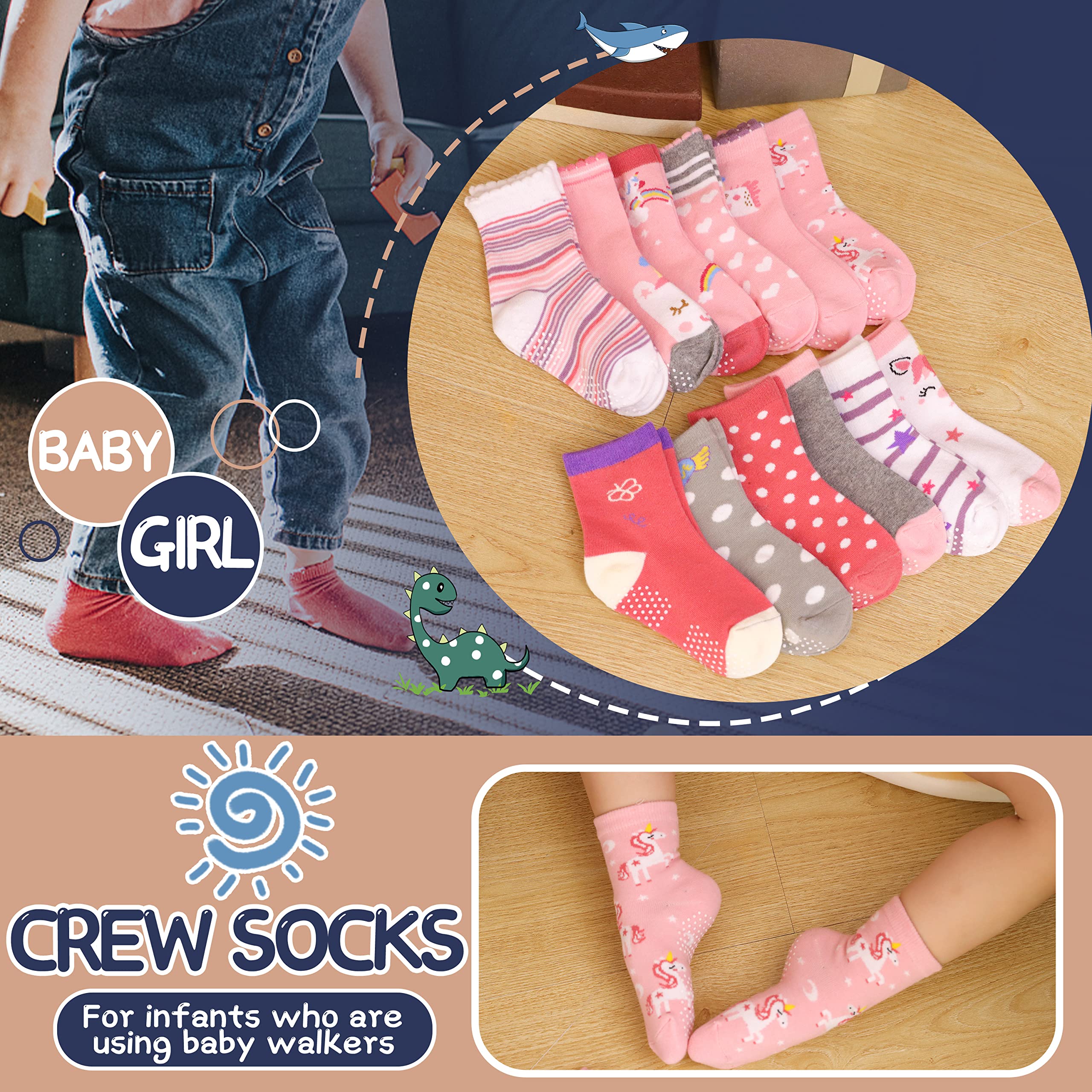 ANTSANG Baby Girls Toddlers Grips Socks Kids Non Slip/Anti Skid Unicorn Striped Crew Cotton Gift Socks