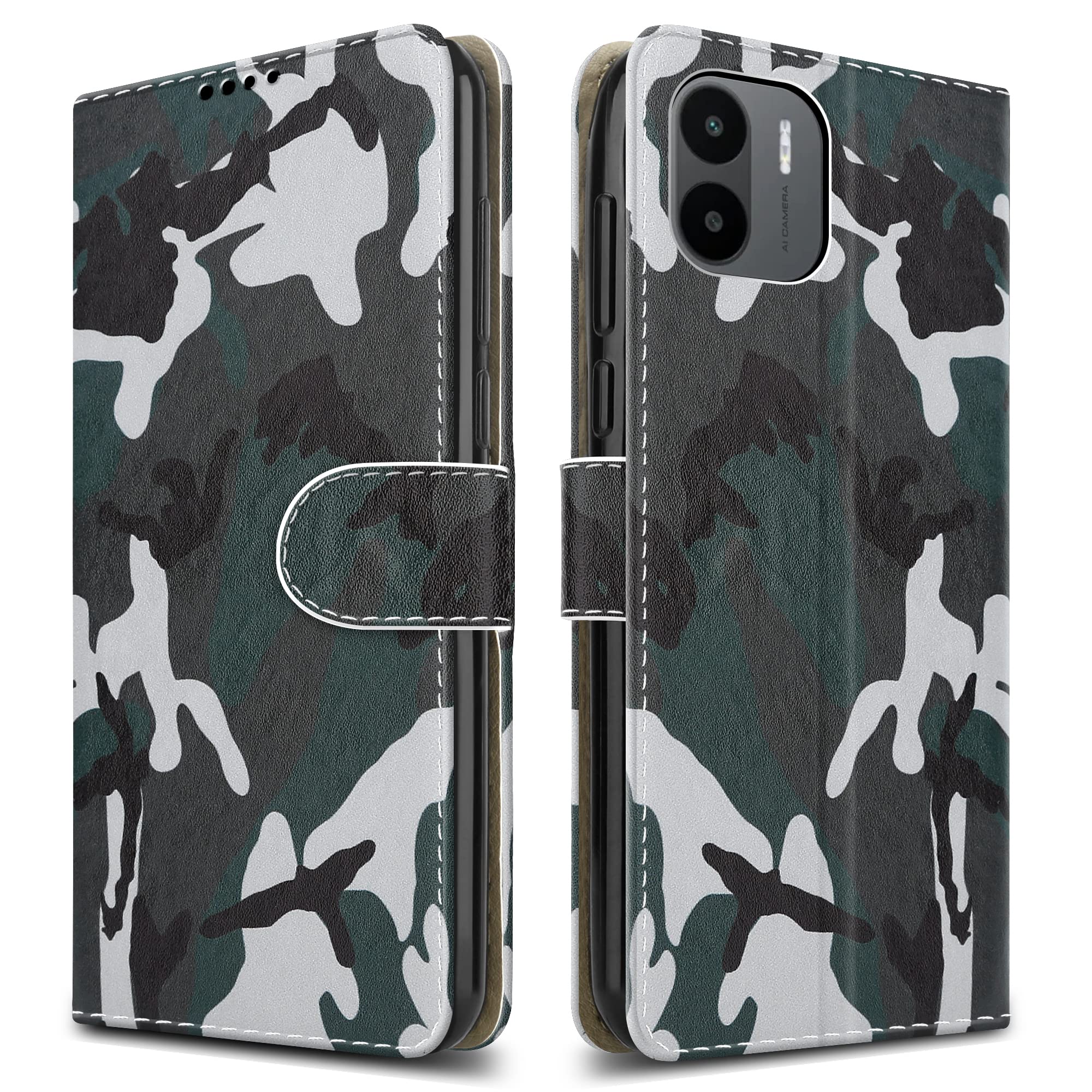 PIXFAB For Xiaomi Redmi A1 / Xiaomi Redmi A2 Leather Phone Case, Magnetic Closure Full Protection Book Folio Design, Wallet Case Cover [Card Slots] and [Kickstand] For Xiaomi Redmi A1 - Camouflage