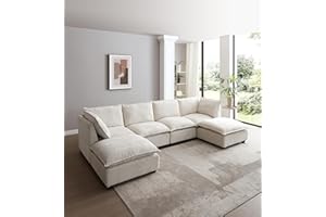 EAFURN U Shaped Convertible Modular Sectional Sofa with Movable Ottomans and Solid Wood Legs , Free Combination Reversible Corner Couch , 6 Seater Oversized Upholstered Sleeper Sofabed for Living Room Office