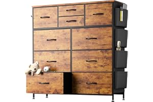 YaFiti 10 Drawer Dresser, Chest of Drawers for Bedroom, Fabric Dresser Drawers with Side Pockets, Hooks, Wooden Top and Sturdy Metal Frame for Living Room, Closet, Hallway (Rustic Brown)