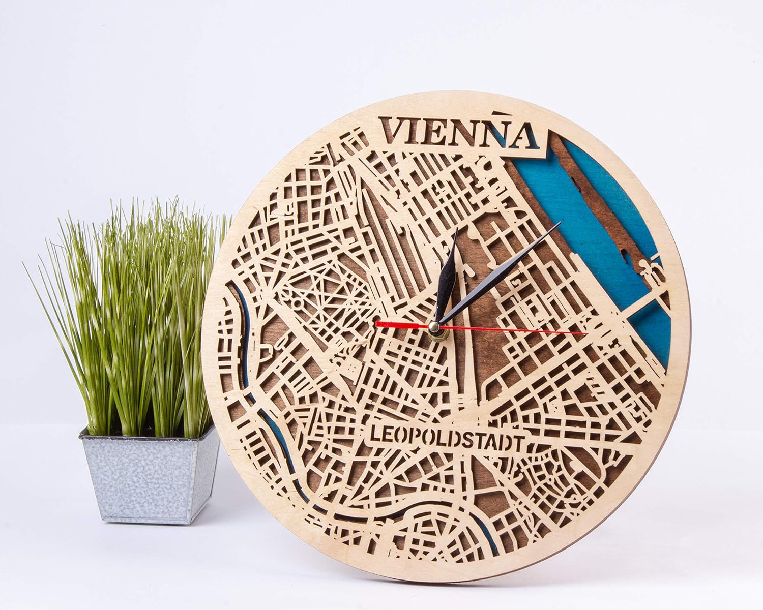 Wooden Wall Clock with Vienna Map Design Austria Wooden Decor 12 Inch Wooden Clock Vienna Wooden Wall Clock Birthday Gift for Man Small Scale Map Gift City Art Vienna 3D Wooden Map Clock