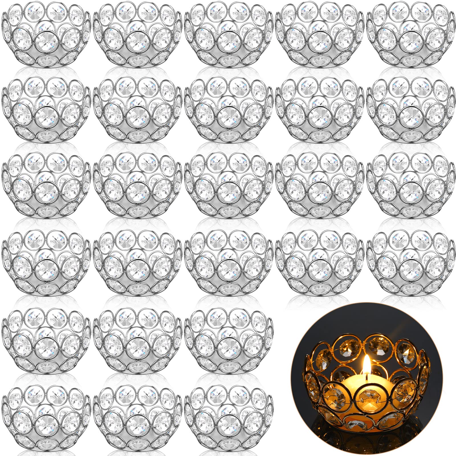 Photo 1 of Potchen 30 Pcs Tea Light Candle Holders - Crystal Votive Candle Holders Tealight Jewel Bowl Stands Decorative Centerpiece for Wedding Party Home Table Decor (Silver)