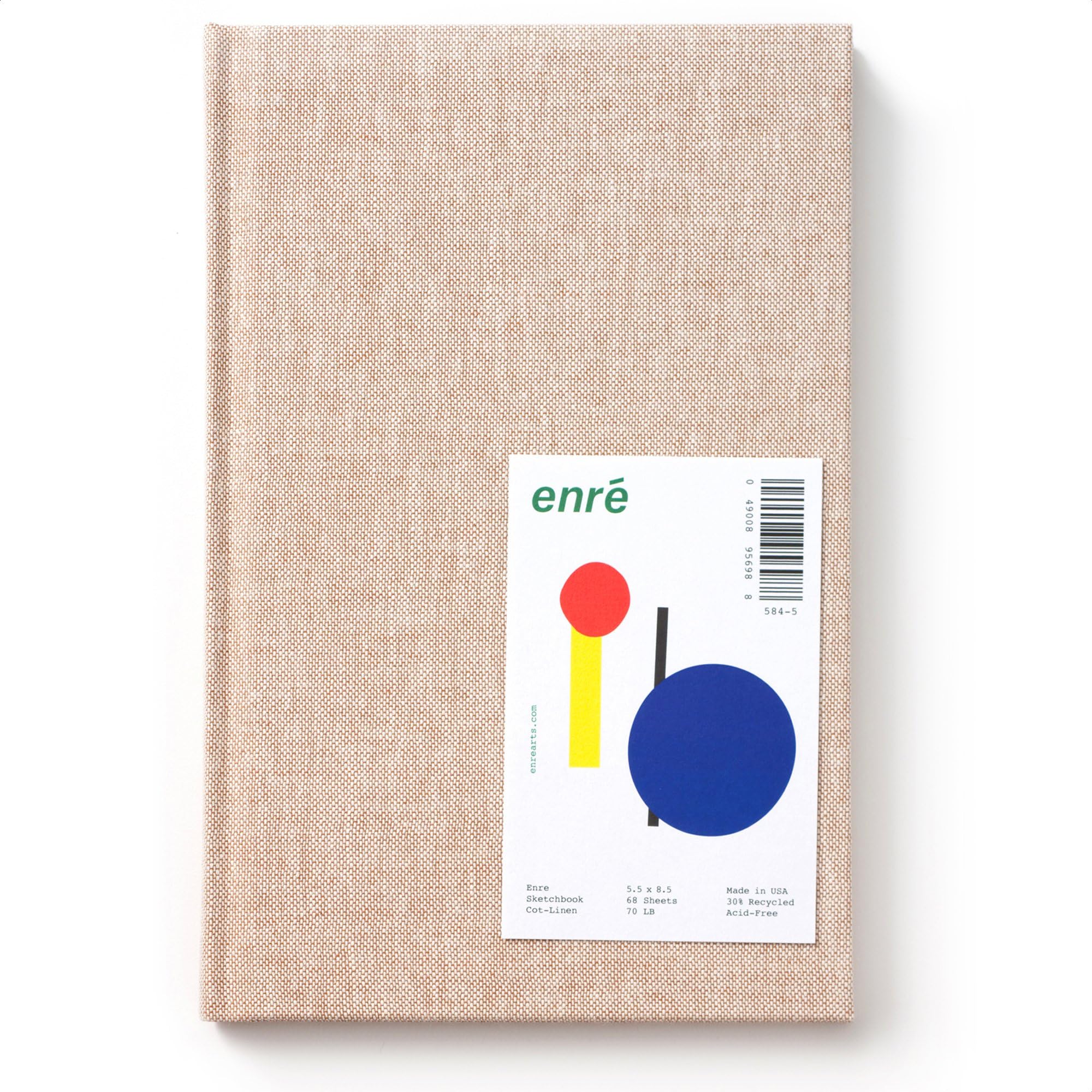 Enre Premium Hardcover Sketchbook; 30% Recycled Paper, Smyth-Sewn Case, USA Made, 70 Sheets, 5.5 x 8.5 in (Cot Linen)