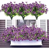katflyee UV Resistant Artificial Outdoor Flowers, 12 Bundles Fake Outdoor Silk Flowers Fade Resistant Faux Flowers Plants for Outside Planters, Window Box, Porch Decor-Purple