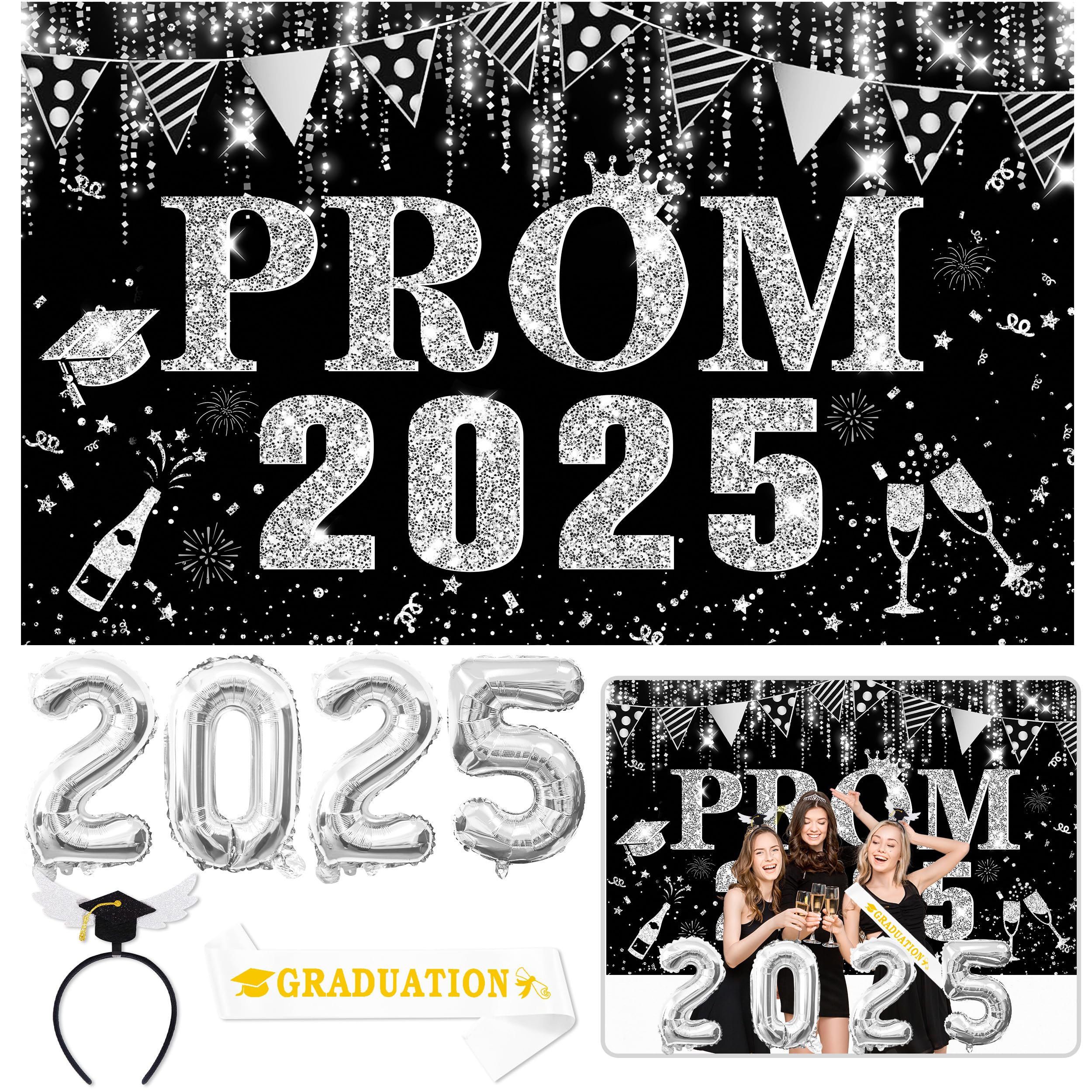 Abitoncc 4 PCS Prom Banner 2025 Silver Prom Night Decorations 2025 Backdrop Silver 2025 Foil Balloons for High School College Class of 2025