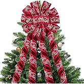 WRAPAHOLIC Large Christmas Tree Topper Bow - 13 x 52 Inch Red Candy Cane Christmas Tree Topper Ribbon Bow Wreath Bows with Wired Edge for Xmas Ornament Indoor Outdoor Decoration