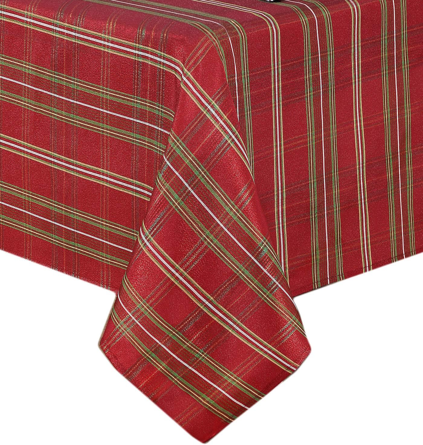 Newbridge Shimmering Plaid Metallic Christmas Fabric Tablecloth, Glitter Xmas Weave