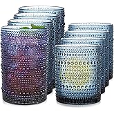 JPPSUJJ Blue Hobnail Drinking Glasses Set of 8，15 oz Vintage Highball Glassess & 12 oz Cocktail Glasses，Drinkware Kitchen Glasses for Cocktail, Iced Coffee, Beer, Ice Tea, Wine, Whiskey, Water