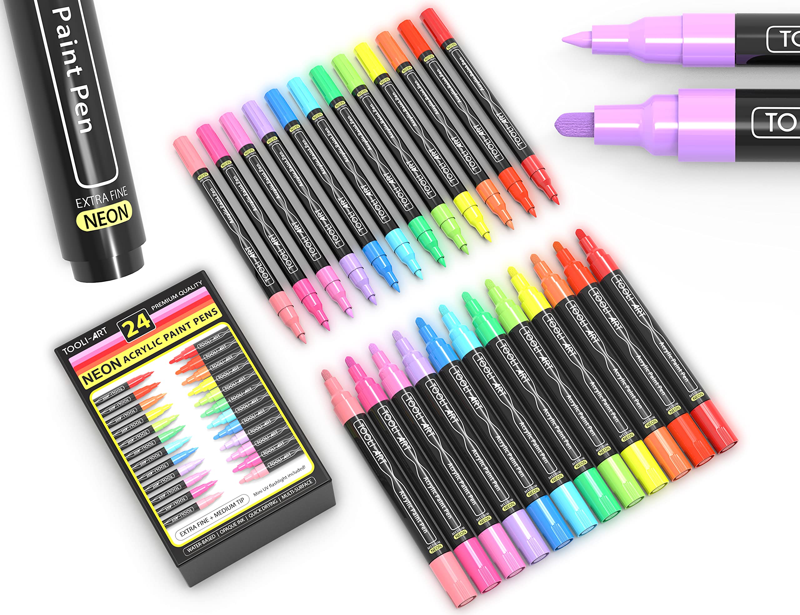 TOOLI-ART Acrylic Paint Markers Paint Pens Special Colours Set Extra Fine And Medium Tip Combo For Rock Painting, Canvas, Fabric, Glass, Mugs, Wood, Ceramics, Plastic, Multi-Surface. Non Toxic, (NEON)