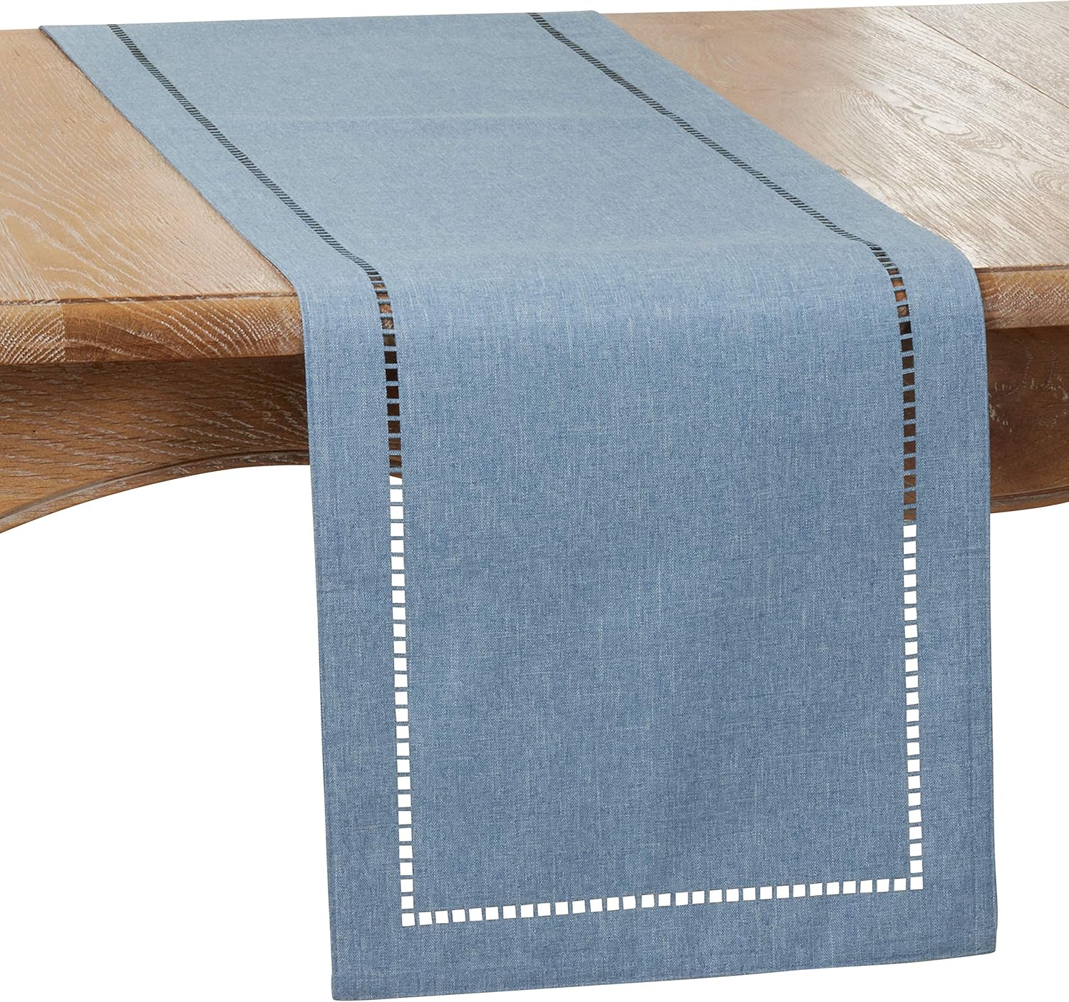 SARO LIFESTYLE Hadleigh Collection Laser-Cut Hemstitch Table Runner, 14" x 54", Denim: Kitchen & Dining