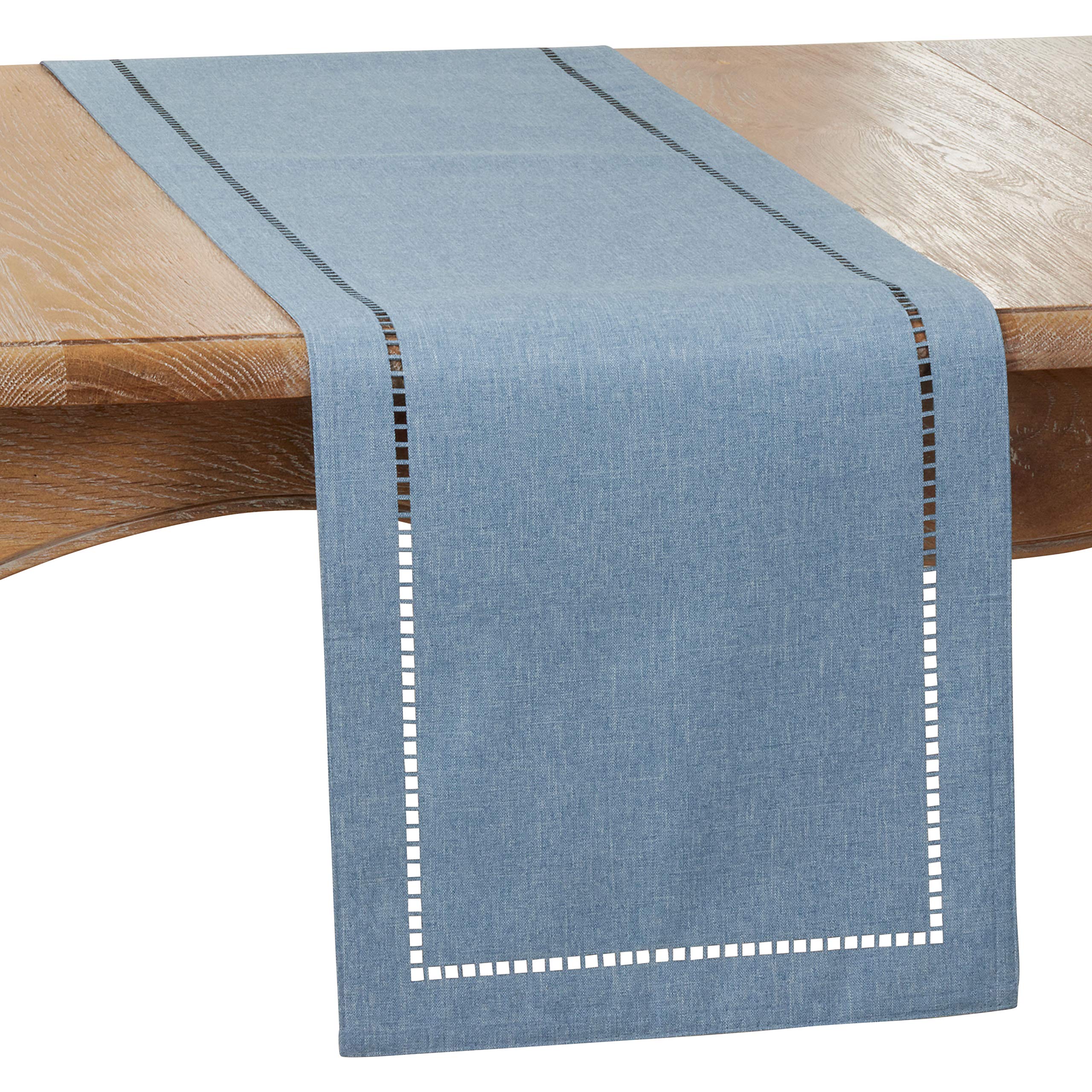 SARO LIFESTYLE 9738.DN1454B Hadleigh Collection Laser-Cut Hemstitch Table Runner, 100% Polyester, Denim