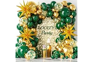 LOOLEY 137Pcs Green and Gold Balloons Garland Arch Kit with Stars - 5 10 12 18 inch Dark Green Gold Confetti Latex Balloons for Birthday Baby Shower Emerald Green Jungle Party Decorations