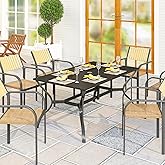Outsunny Outdoor Dining Table with Umbrella Hole, Rectangular Patio Dining Table for 6 with Steel Frame and Slatted Steel Top
