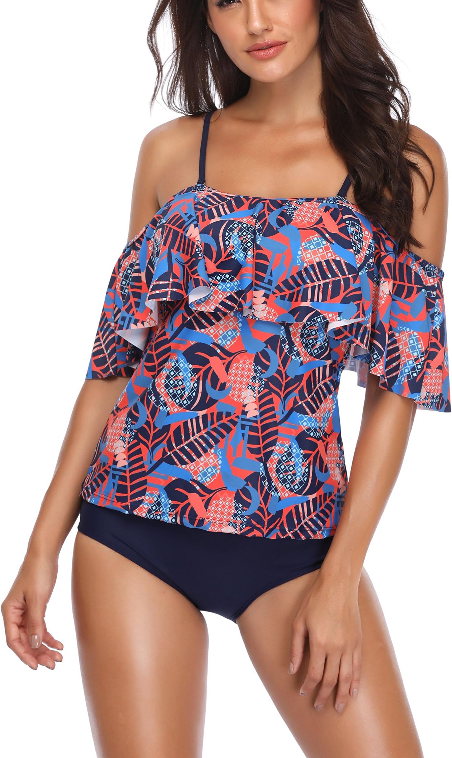 Giorzio Women Bathing Suit Off Shoulder Flounce Swimsuit Leaves Printing Tankini Set Ladies Swimwear