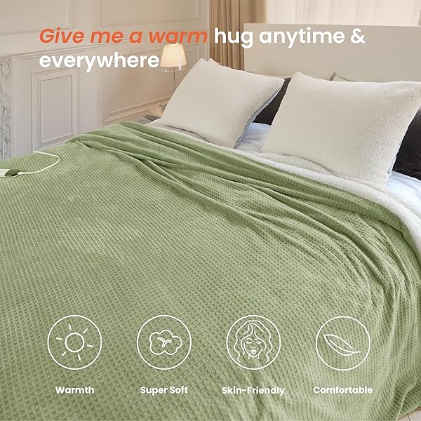 BLUNIQUE HEATED BLANKET ELECTRIC BLANKET QUEEN WAFFLE, 84X90 INCHES DUAL CONTROLLERS SHERPA FLEECE FAST HEATING BLANKET 6 HEATING LEVELS & 10 HOURS AUTO OFF ETL CERTIFICATION, SAGE QUEEN