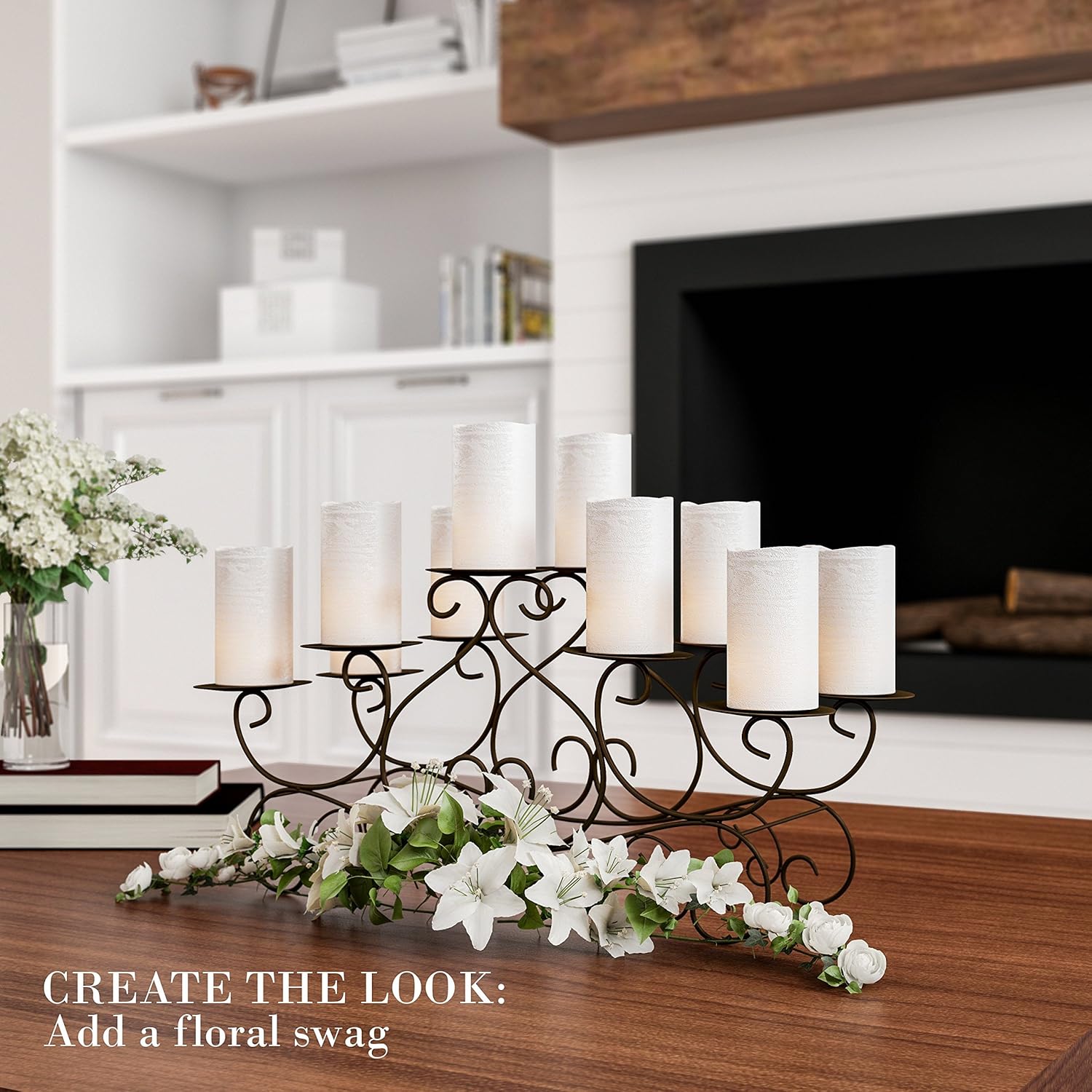 Lavish Home - 80-Multic-5 10 Candle Candelabra with Swirl Design- Handcrafted Iron Candle Holder/Centerpiece for Fireplace, Home Décor, Wedding, Event (Brown), Brown: Home & Kitchen