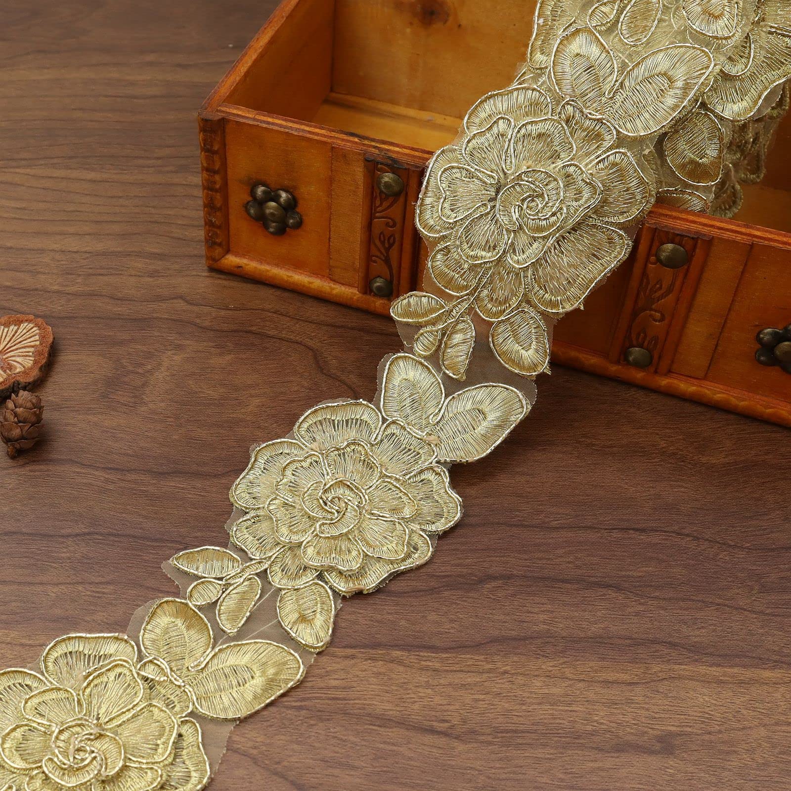 Photo 1 of IDONGCAI Gold Lace 3D Flower Cloth Applique,Lace Trim for Sewing, Bridal Wedding Veil Gold Lace Trimming 2.5 inch 4.7Yard