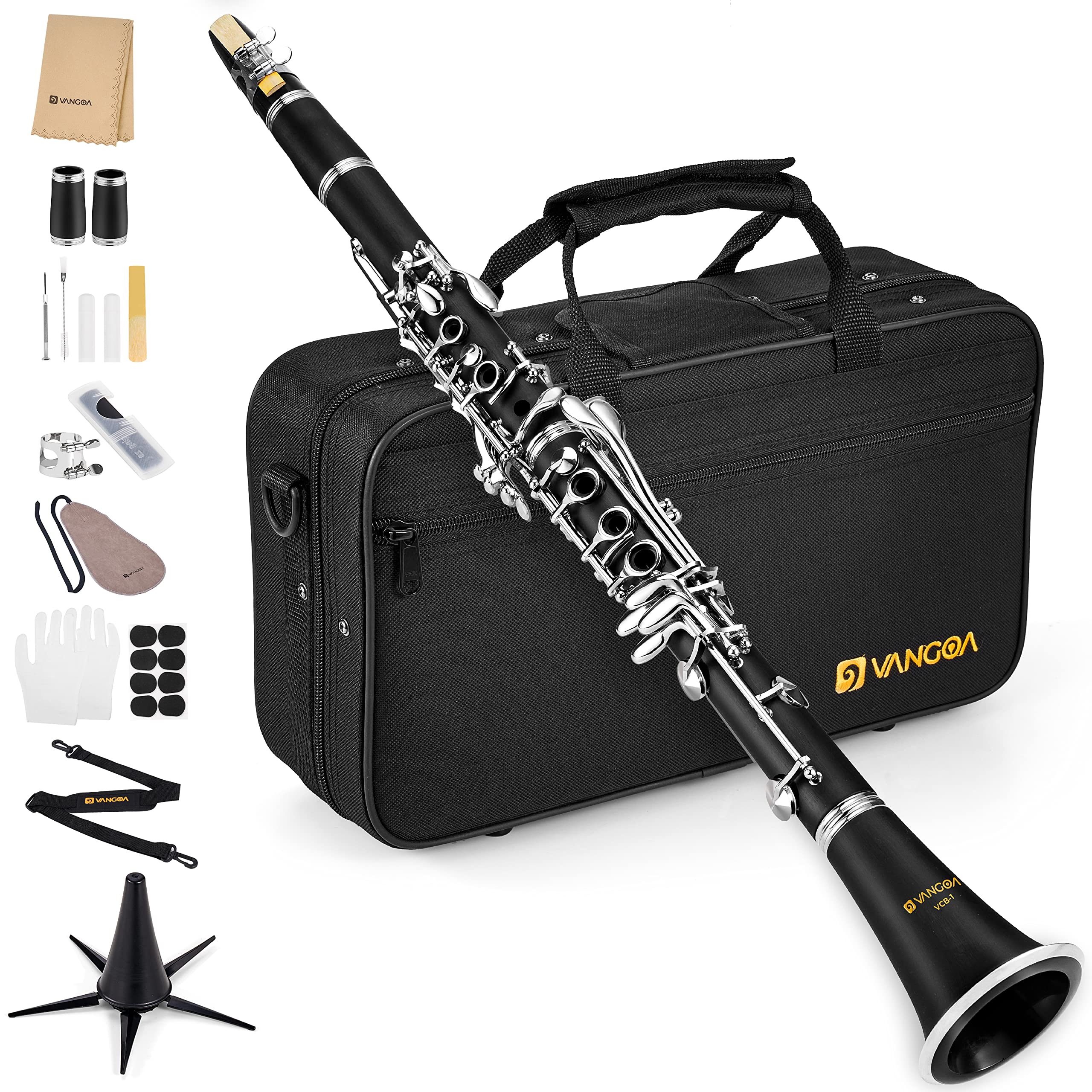 Photo 1 of Vangoa Bb Clarinet, B Flat Beginner Student Clarinet Bb Nickel-Plated for School Band Orchestra adult kid with Hard Case, Stand, Cleaning Kit, Barrels, Gloves, Strap, Pads, Reeds