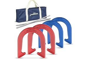 GoSports Steel Horseshoes Outdoor Game Set - Gold & Silver or Red & Blue - Official Size and Weight
