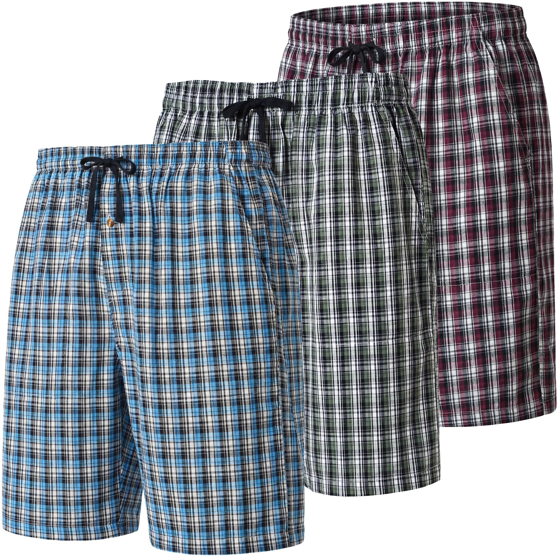 MoFiz Men's Plaid Pajama Shorts 3-Pack Woven Cotton Sleep & Lounge Shorts, Lightweight PJ Bottoms with Pockets & Button Fly L Image