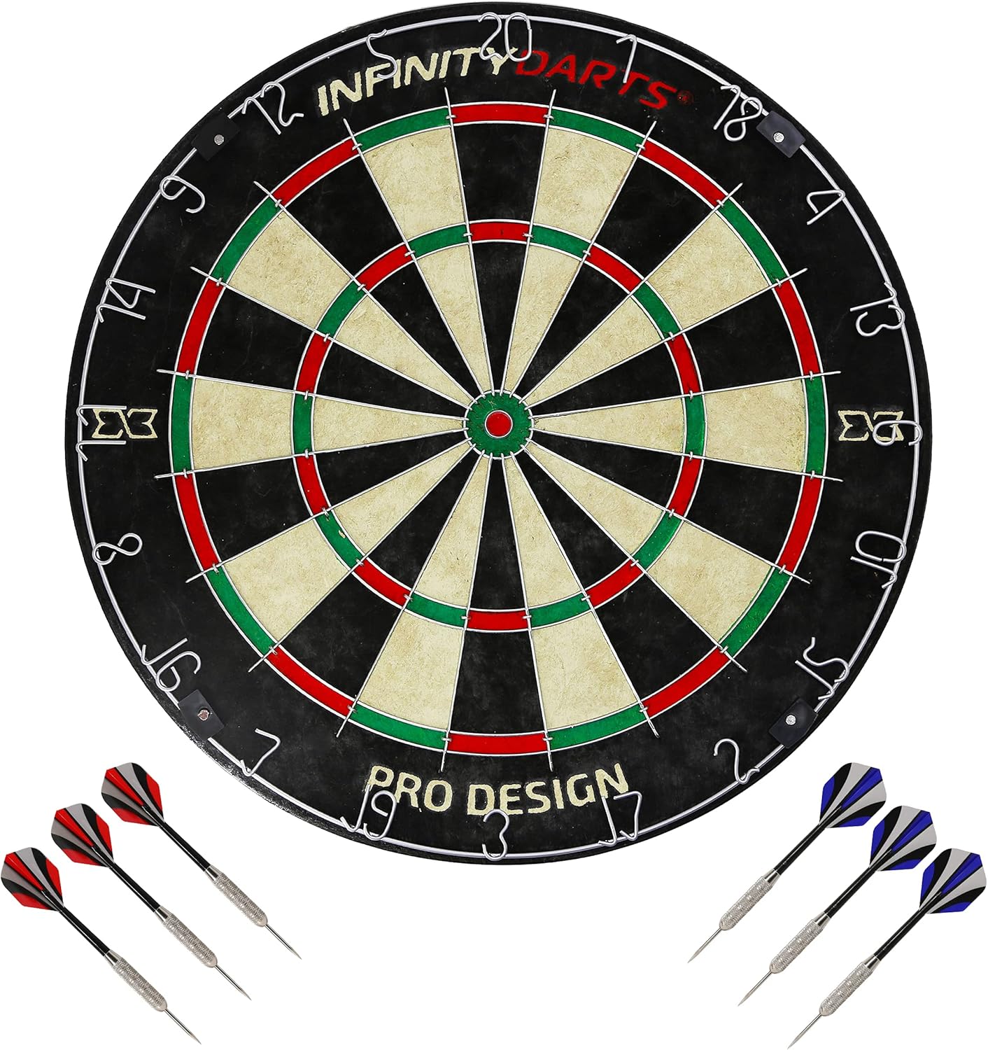 Infinity Darts Bristle Dartboard Set - Includes 6 Metal Tip Darts Set, Self-Healing Sisal Fiber Dart Board, Rotating Steel Wire Scoring Ring, Staple Free Bullseye, for Home Game Room or Bar Darts