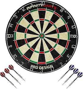 Infinity Darts Bristle Dartboard Set - Includes 6 Metal Tip Darts Set, Self-Healing Sisal Fiber Dart Board, Rotating Steel Wire Scoring Ring, Staple Free Bullseye, for Home Game Room or Bar Darts