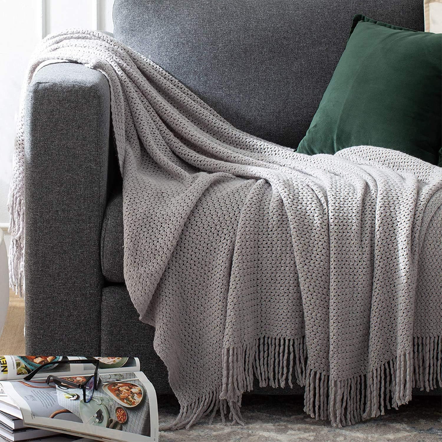 Bedsure Throw Blankets for Couch, Soft Knit Woven Blanket, 50x60 Inch - Lightweight Farmhouse Decorative Blanket with Tassels for Bed, Couch, Sofa - Suitable for Adults and Kids (Grey): Kitchen & Dining