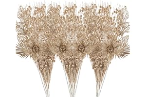 CRISTBEST 24 Pack Christmas Tree Ornaments - Artificial Flowers Glitter Berry Stems Christmas Floral Picks Branches for Xmas Tree Decorations Vase Filler Holiday Wedding Party Home Decor (Champagne)