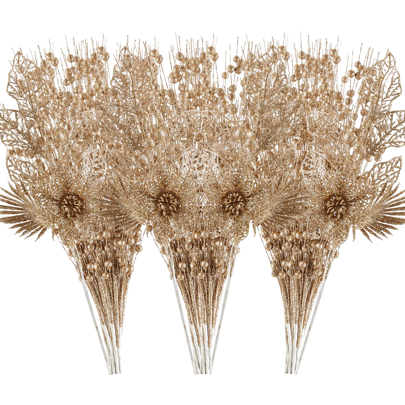 Photo 1 of 24 Pack Christmas Tree Ornaments - Artificial Flowers Glitter Berry Stems Christmas Floral Picks Branches for Xmas Tree Decorations Vase Filler Holiday Wedding Party Home Decor (Champagne)