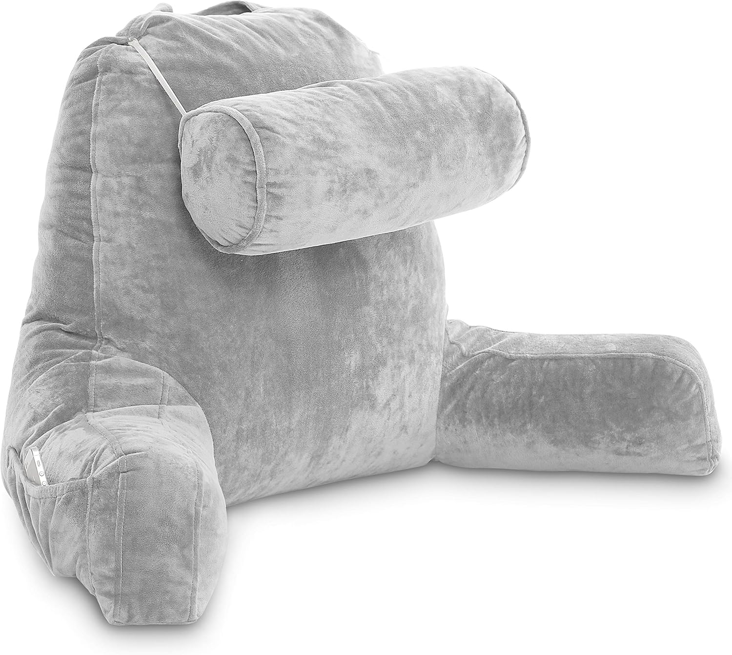 Husband Pillow - Light Grey, Big Backrest Reading Bed Rest Pillow with Arms, Plush Memory Foam Fill, Remove Neck Roll Off Bungee, Change Covers, Zipper On Shell of Bed Chair for Adjustable Loft: Home & Kitchen