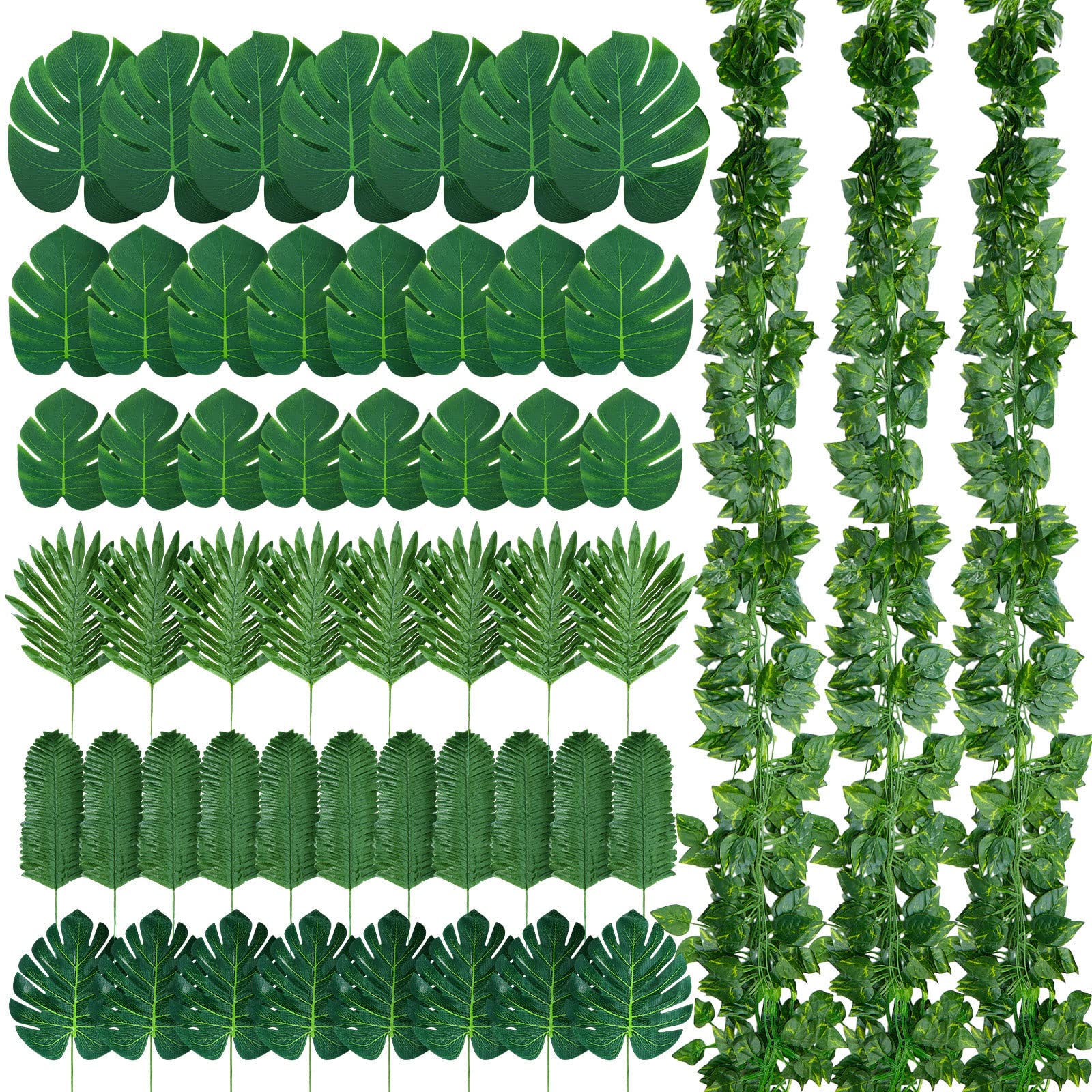 Photo 1 of XunYee 24 Strands 165 ft Artificial Vines with Leaves Tropical Leaf Garland and 6 Style Fake Monstera Palm Leaves Decoration Faux Ivy Vines Bulk for Jungle Safari Baby Shower Plant Party Decoration