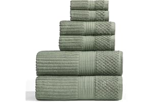 Springtree Home 100% Cotton Towel Set | 6 Piece Set | Super Soft & Absorbent Quick-Dry 2 Bath Towels 2 Hand Towels & 2 Washcloths | Textured and Durable Cotton | Krista Collection - Lily Pad Green