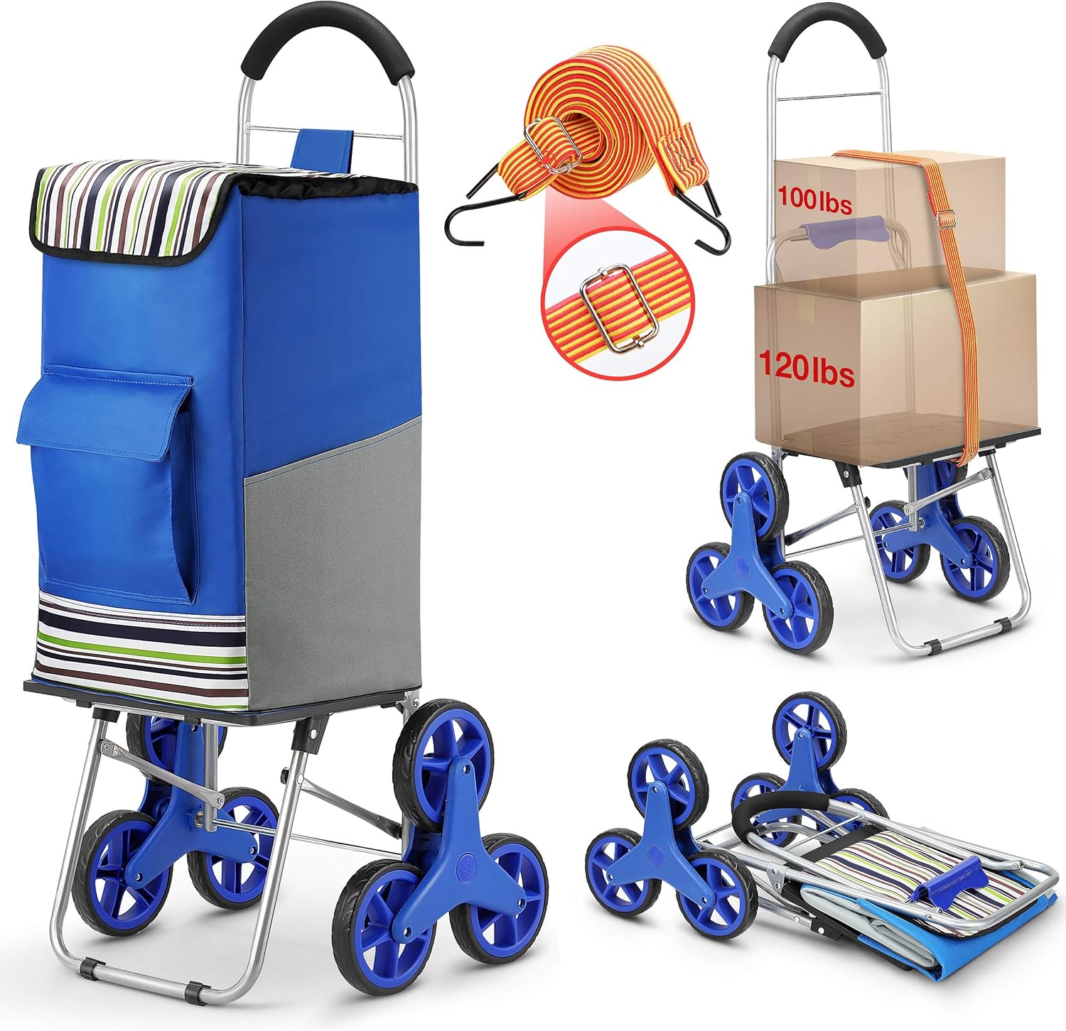 Shopping Cart, Super Loading Stair Climber Cart 220 lbs Capacity Grocery Foldable Cart with Extra Large Shopping Bag Laundry Utility Cart with Adjustable Bungee Cord: Kitchen & Dining