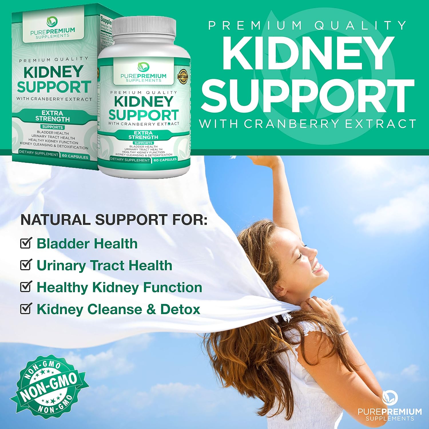 Premium Kidney Support Supplement by PurePremium (Kidney Cleanse Supplement) Potent Herbal Ingredients for Urinary Tract and Bladder Health – Cranberry Extract, Astragalus and Uva Ursi Leaf - 60 Caps: Health & Personal Care