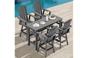 SERWALL 5-Piece Swivel Adirondack Bar Set, HDPE Swivel Bar Height Chairs Set of 4 with Bar Table, All-Weather Outdoor Barstools for Patio, Poolside, Garden, Grey