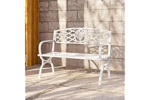 BELLEZE 50 inch Outdoor Garden Bench, Cast Iron Metal Loveseat Chairs for Park, Yard, Porch, Lawn, Balcony, Backyard, Antique Rose Accent Style Patio Seat Furniture, White
