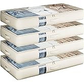 Soft-Sided Foldable Under bed Storage Bags with Window,No Rigid Frame Closet Organizers,Storage Containers for Blankets, Clothing, Comforter, Collapsible Fabric Design,4 Pack, White Ivory