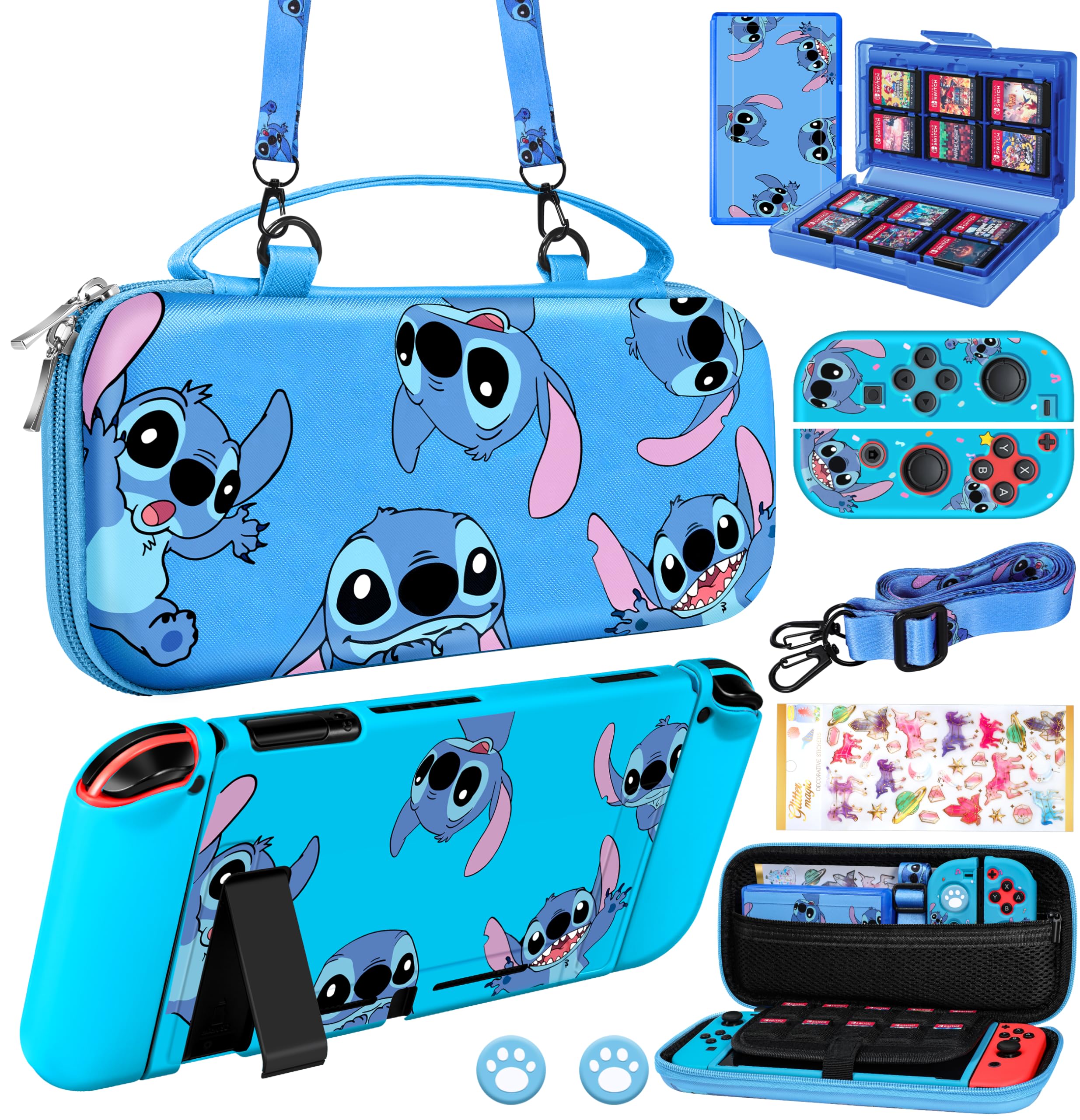 Koecya for Nintendo Switch 9 in 1 Storage Accessories Kit with Travel Carrying Case+Switch Protective Cover+Game Case Holder+Strap+Sticker+2 Joycon Shells+2 Thumb Caps Cute for Boys Kids Girls -Stit