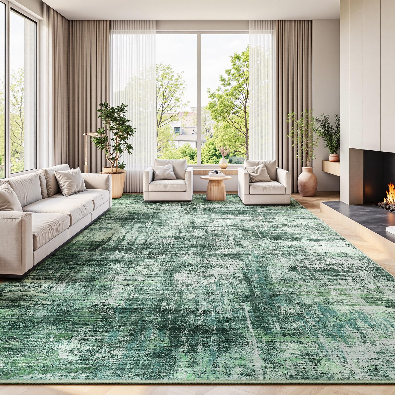 Lofus 9x12 Area Rug for Living Room, Green Abstract Rugs with Non-Slip Backing, Neutral Modern Washable Carpet for Bedroom Dining Room Home Office Nursery Indoor
