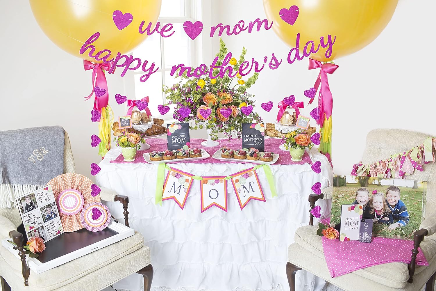 Happy Mother’s Day Banner, We Love Mom Banner, Pink Glitter Mothers Day Decorations, Thank You Mom Best Mom Ever Mothers Day Garland for Mother’s Day Party Decorations Photo Props (Pre-Assembled)