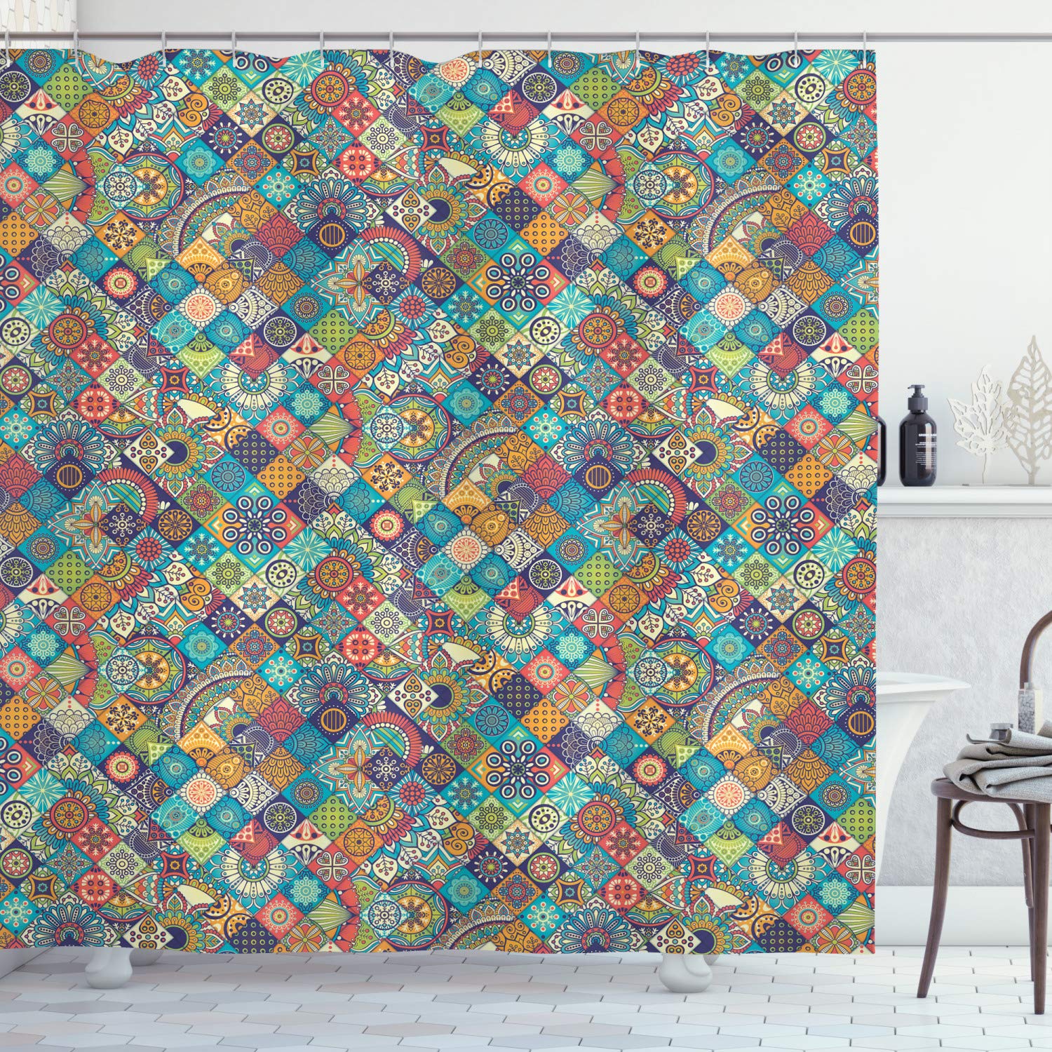 ABAKUHAUS Moroccan Shower Curtain, Floral Abstract Ornate Floral Arrangement Oriental Motifs Foliage Pattern, Cloth Fabric Bathroom Decor Set with Hooks, 94" Inches, Turquoise Multicolored — image 1