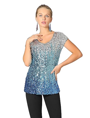 Metme Damen - Oberteil mit V-Ausschnitt Schimmernde, lose Ärmel Tunika-Oberteil Pailletten verzierte Weste Glitter Party Club