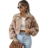 Qiaomai Womens Cropped Corduroy Jacket Loose Button Down Puff Sleeve Shacket Coat