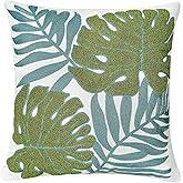 GENVER Green Monstera Leaf Light Blue Tropical Leaves Embroidered Throw Pillow Cover, Floral Decor Plant Pillowcase for Farmhouse Couch Living Room Sofa Bedroom Chair Office Shop 18 x 18 Inches