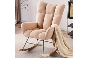 Sudwesto Modern Nursery Rocking Chair, Upholstered Glider Chair with High Backrest, Rocker Accent Armchair with Solid Wood Legs for Nursery Bedroom Living Room (Cream Teddy)