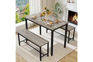SUMKEA Sturdy Durable Dining Table Set for 4 with Bench, Easy to Assemble Kitchen Table with Bench, Space-Saving Ideal 4-Person Set,Grey