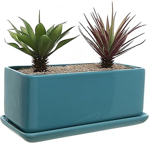 10 inch Rectangular Modern Minimalist Turquoise Ceramic Succulent Planter Pot/Window Box with Saucer