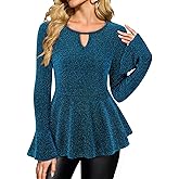 Youtalia Womens Dressy Tops Bell Sleeve Sparkly Peplum Formal Blouses Elegant Evening Shirts