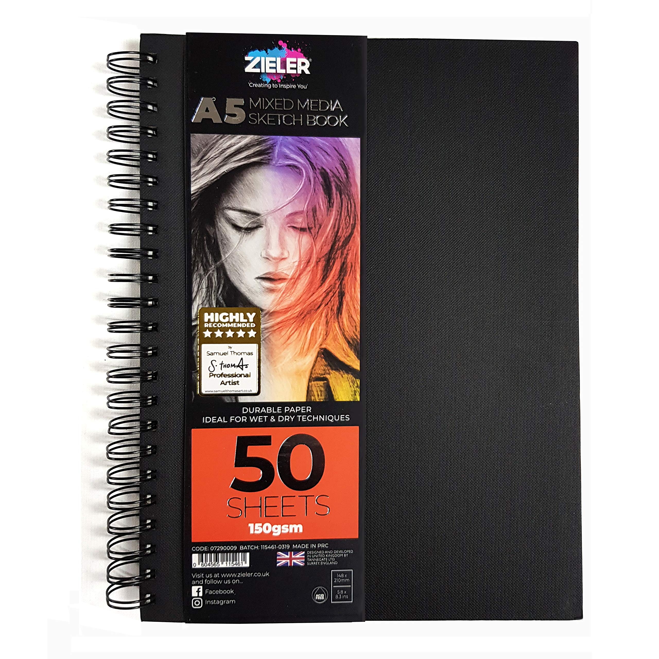 Hardback Spiral Mixed Media Sketch Book – 150gsm 50 Sheets - by Zieler™. Ideal for use with Pencils, Charcoal, Graphite, Pastels & Light Watercolour. Perforated & Acid Free Sheets - Portrait (A5)