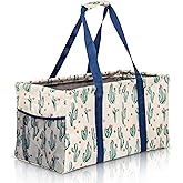 Lucazzi Extra Large Utility Tote Bag, Oversized Collapsible Reusable Wire Frame Rectangular Canvas Basket With Two Exterior Pockets For Beach, Pool, Laundry, Car Trunk, Storage - Cactus White